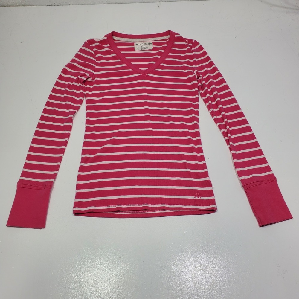 Aeropostale Womens Large Pink White Striped Ribbed Top Y2K Inspired V-neck